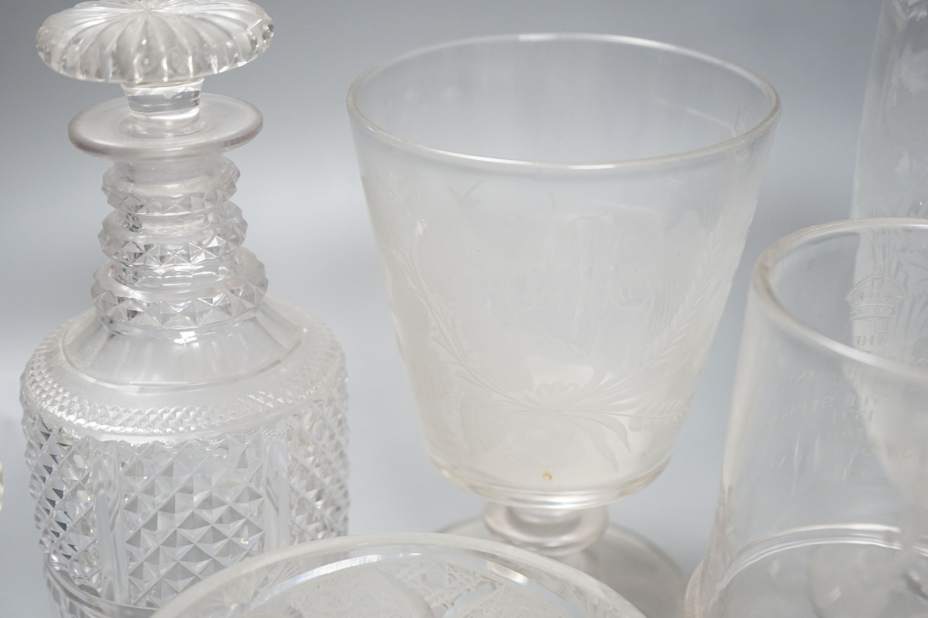 A 19th century large glass goblet engraved with a figure, other glassware to include a 1937 Coronation tankard